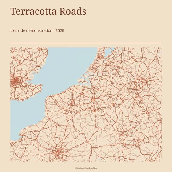 Demo map of Brussels, Paris and Amsterdam in the Terracotta Roads theme